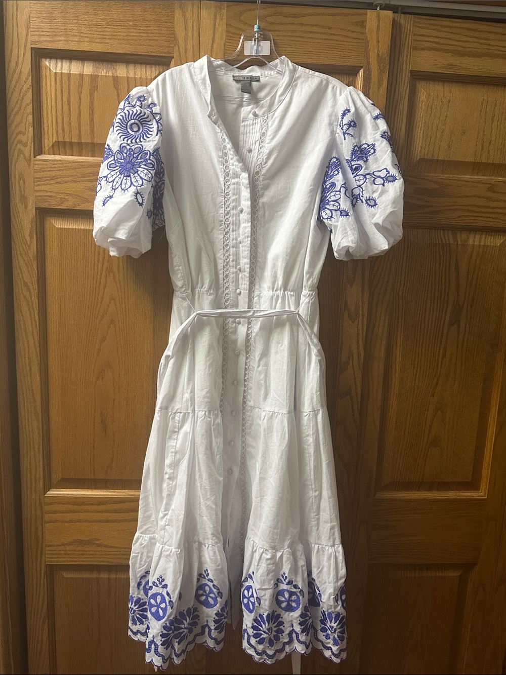 White Midi Dress with Blue Floral Embroidered Puff Sleeves